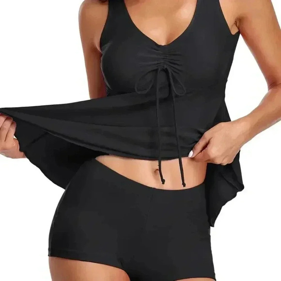 Plus Size 2 Piece Set Tankini, Drawstring Tie Front Boxer Shorts - Picture 3 of 3